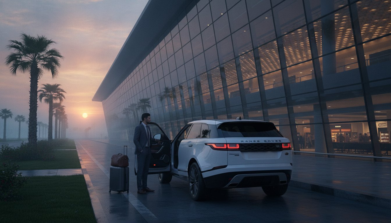 White SUV waiting at the curb of Islamabad International Airport terminal at dawn