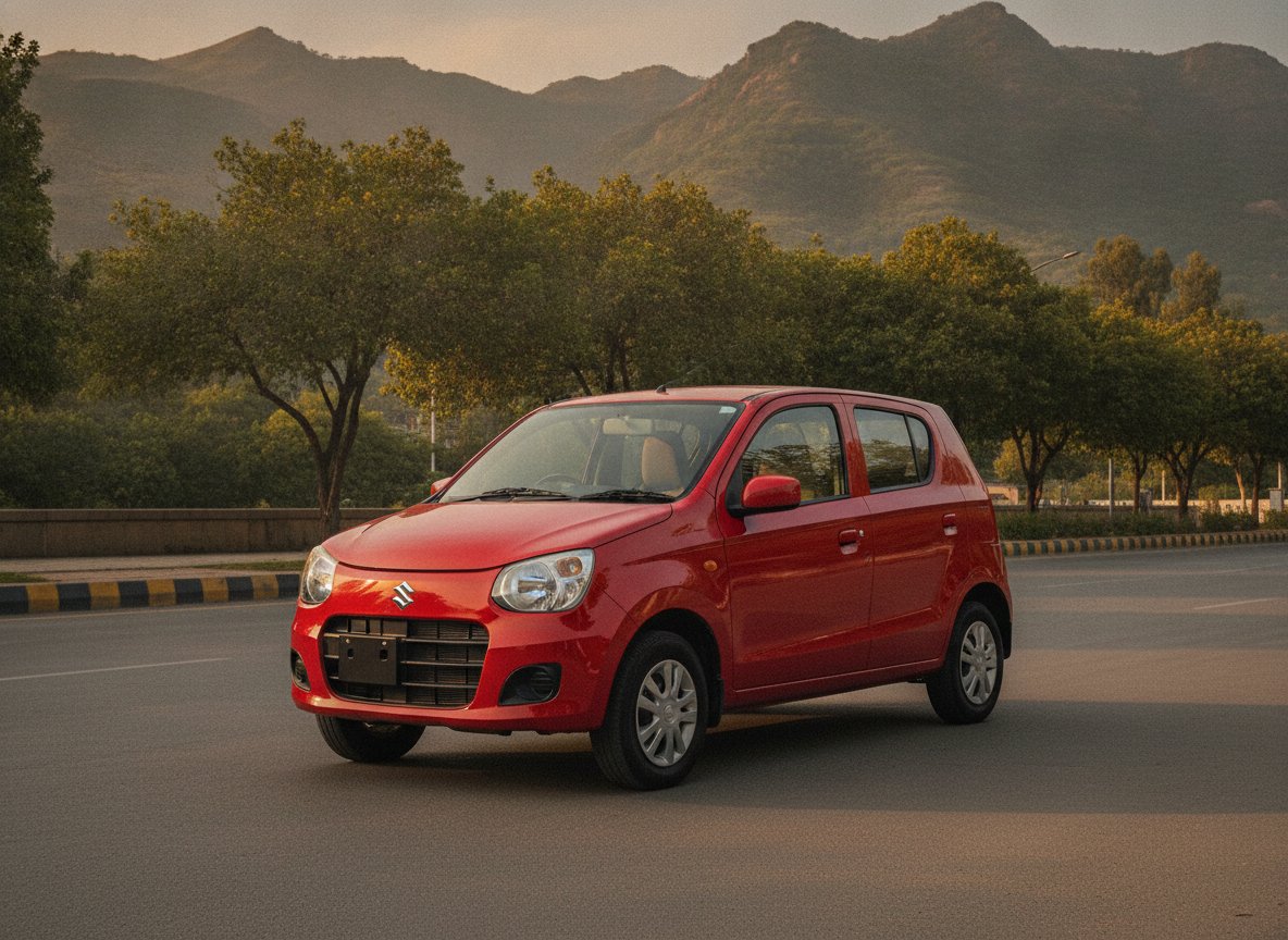 Bright red Suzuki Alto hatchback parked on a tree-lined Islamabad street