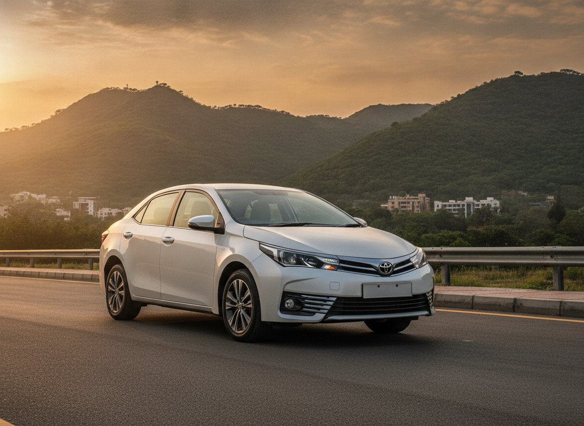 Pearl white Toyota Corolla Altis parked with the Margalla Hills in the background
