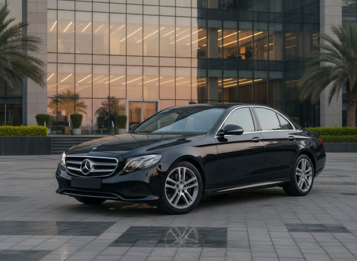 Obsidian black Mercedes-Benz E-Class parked outside a glass office building at dusk