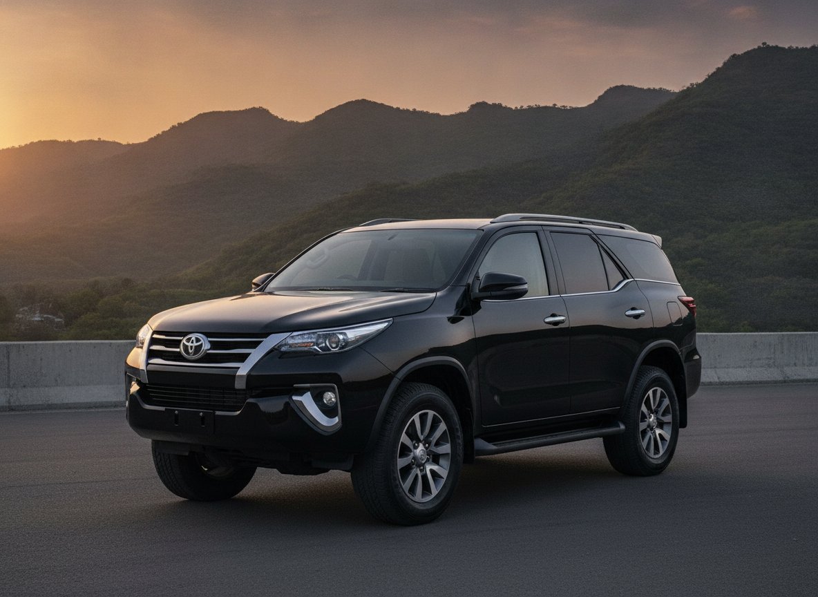 Black Toyota Fortuner SUV parked on a modern Islamabad road at golden hour