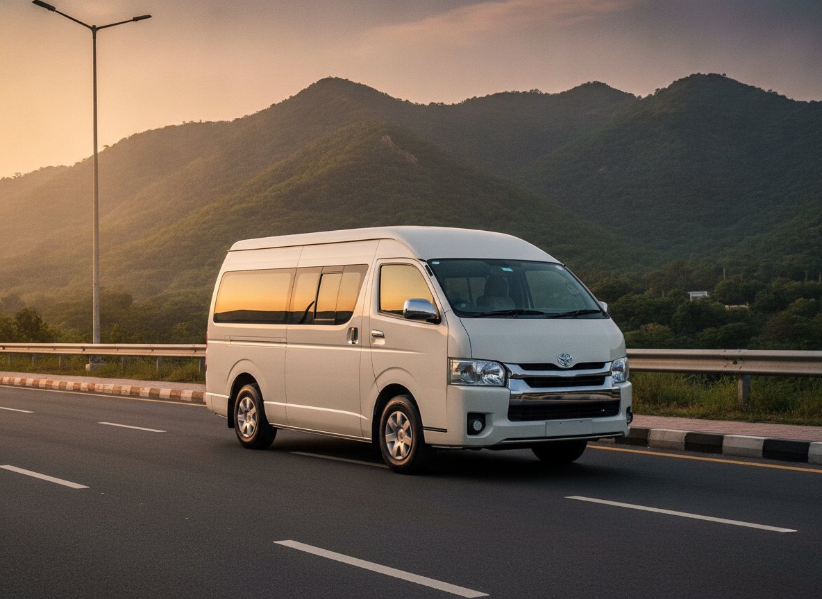 White Toyota Hiace passenger van for group travel parked in Islamabad
