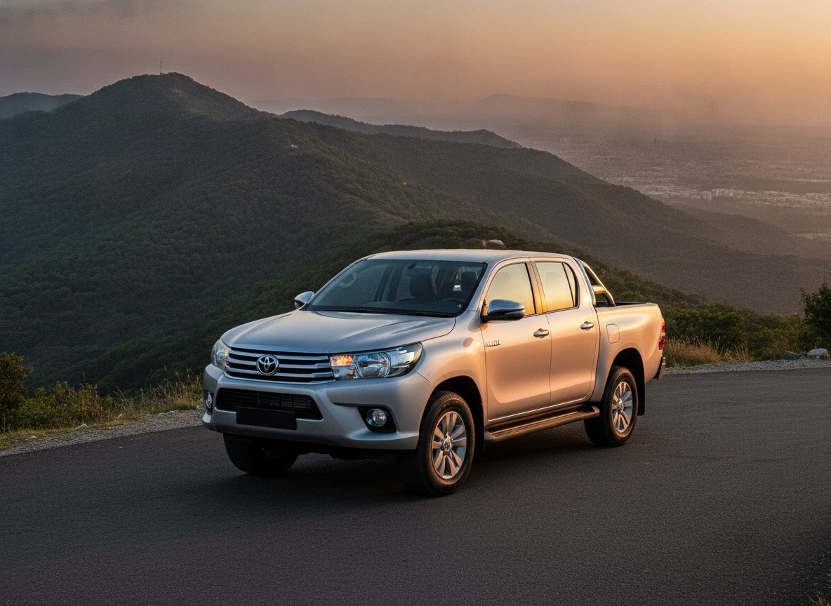 Silver Toyota Hilux Revo double-cab pickup on a scenic mountain road