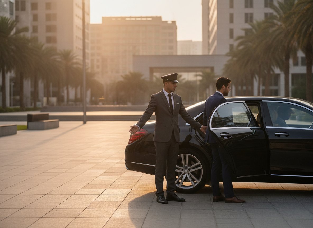 Uniformed chauffeur opening the rear door of a black sedan for a client in Islamabad