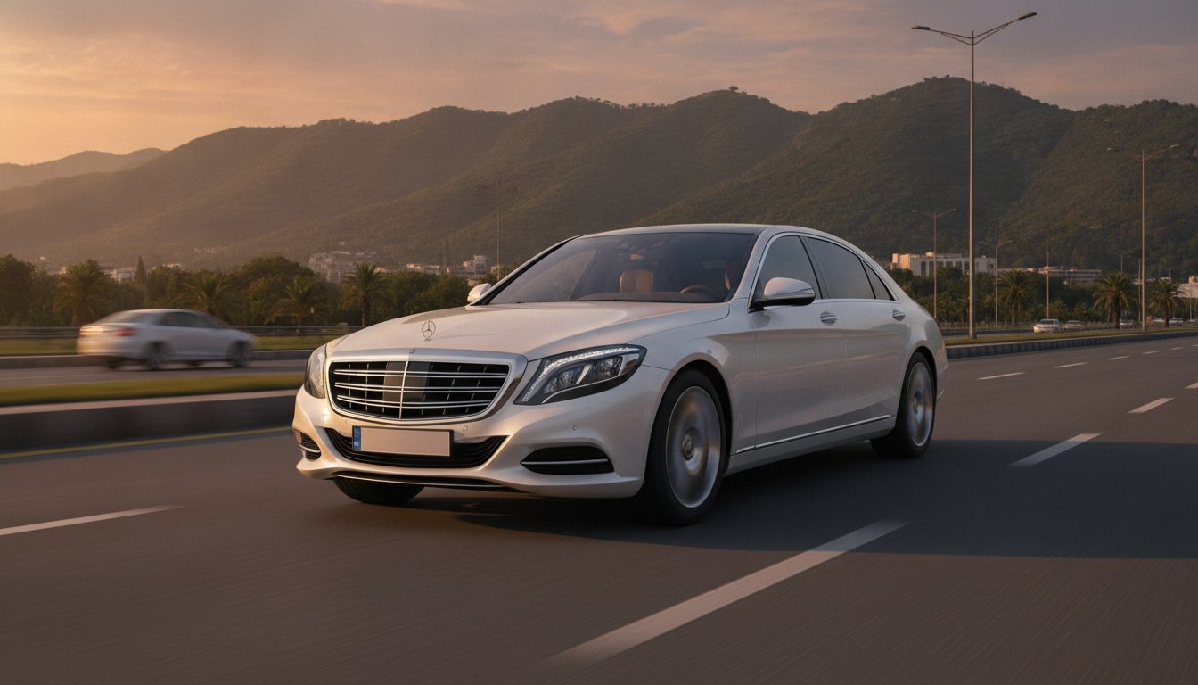 Pearl white luxury sedan driving along a wide Islamabad avenue with the green Margalla Hills behind it at golden hour