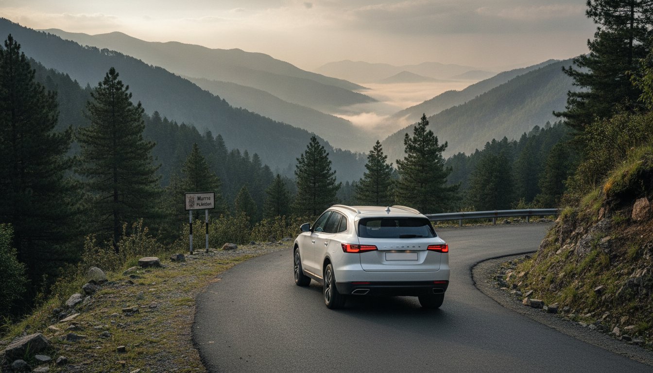 White SUV driving a winding pine-forest road towards the hill stations north of Islamabad